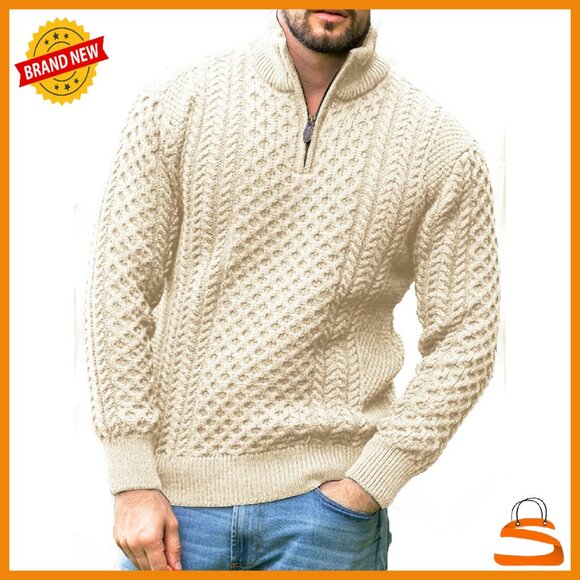 Men's Cable Knit Half Zip Pullover Sweater Jacquard Design